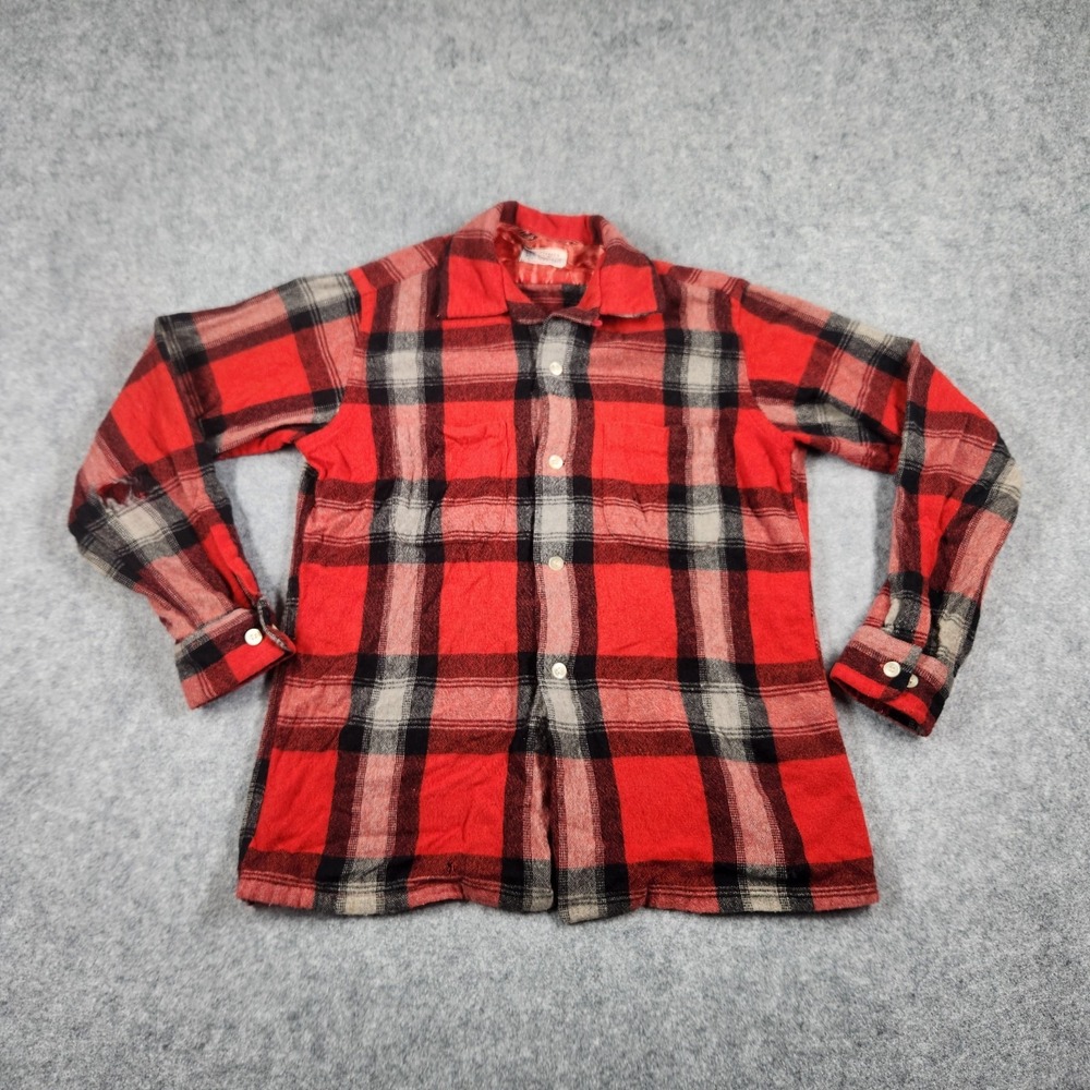 Vintage 1960s Pennys Towncraft Shadow Plaid Wool Loop Collar Shirt Size Medium